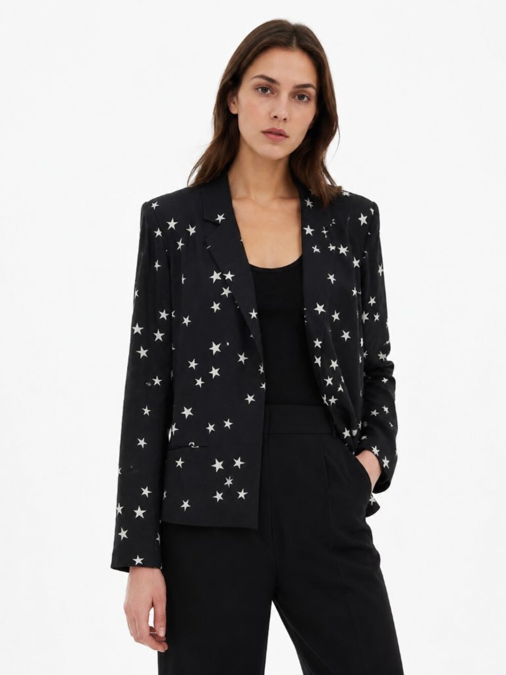 PJK PATTERSON J KINCAID RICCI BLACK WHITE STARS PRINT NOTCHED LAPEL BLAZER - XS